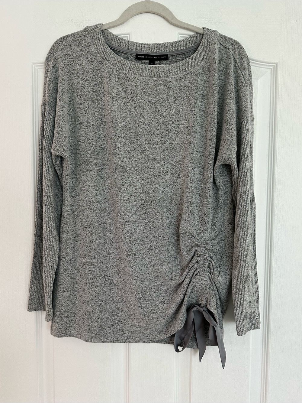 White House Black Market Heather Gray Side-Ruched Tie Sweater
